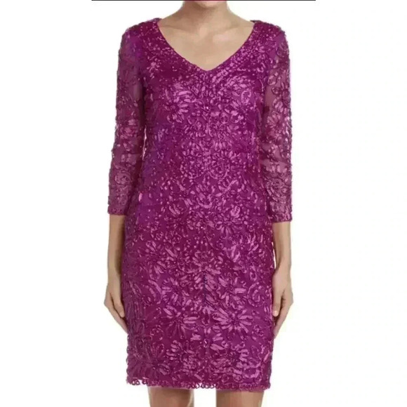 NWT Sue Wong Magneta Beaded Embroidered 3/4 Length Sleeve V-Neck Sheath Dress 4 - Picture 1 of 12